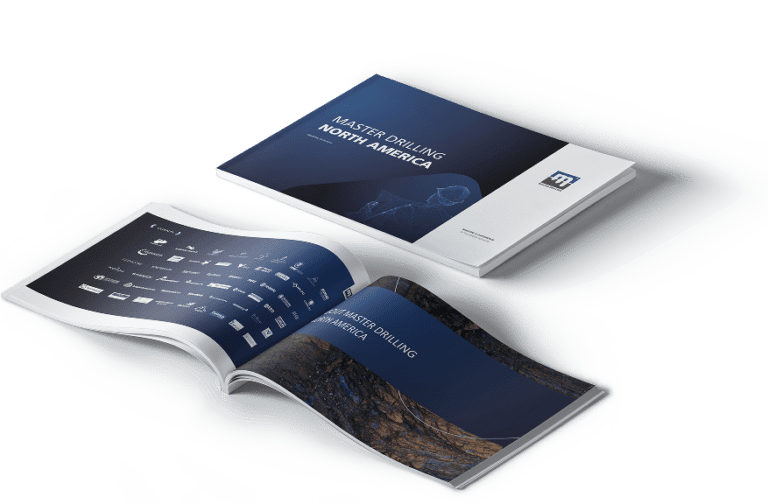 Two corporate brochures for "Master Drilling North America" are displayed—one closed, showing the cover, and one open, revealing pages with logos and text. Both are set on a light, soft surface.