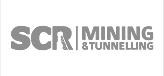Logo of SCR Mining & Tunnelling featuring the acronym "SCR" with a graphic of a miner inside the letter "R" followed by the text "MINING & TUNNELLING" in uppercase. The design is in grayscale.